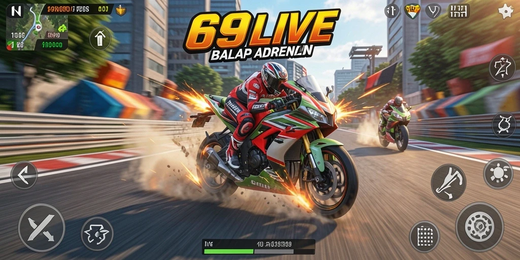 Screenshot gameplay dari balapan motor yang mendebarkan.