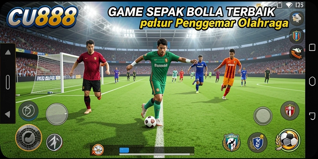 Screenshot utama CU888 menampilkan aksi seru di lapangan sepak bola.