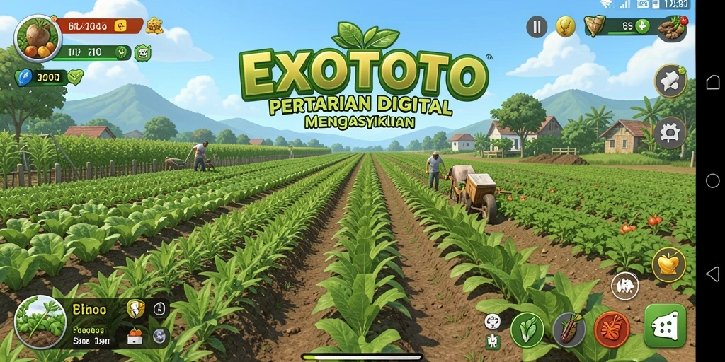 Tampilan gameplay seru dari EXOTOTO yang menunjukkan aktivitas pertanian.