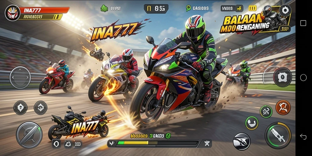 Tampilan gameplay seru dengan aksi balap motor yang mendebarkan.