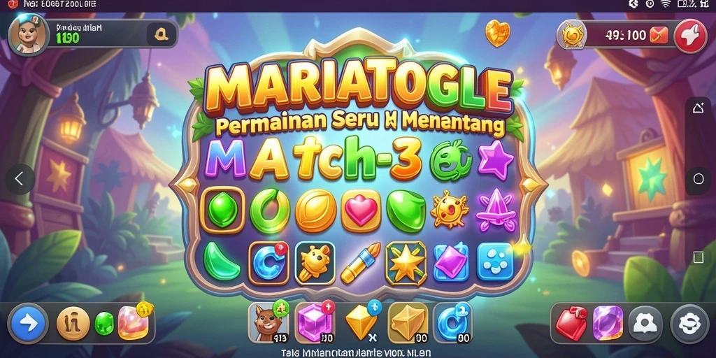 Screenshot gameplay MARIATOGEL dengan elemen Match-3 yang berwarna-warni.