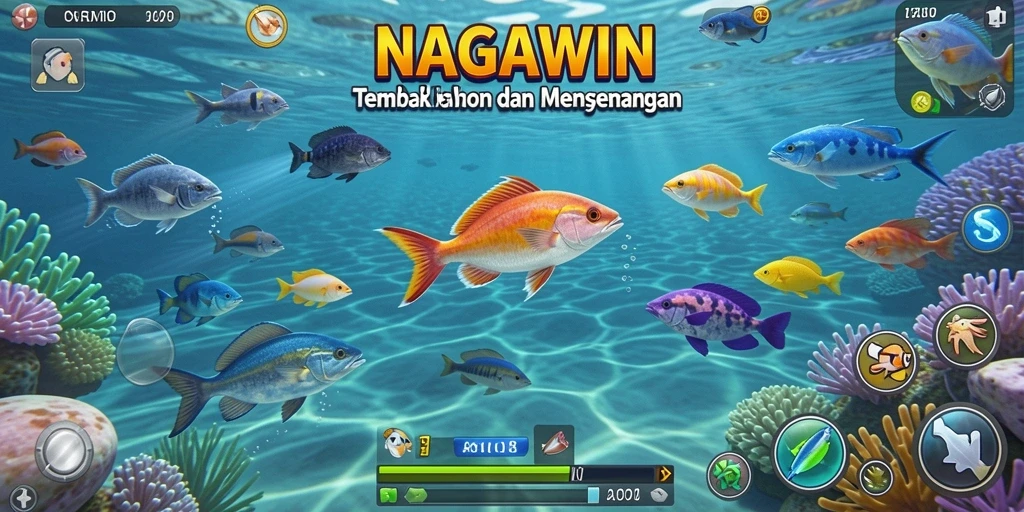 Tampilan gameplay NAGAWIN saat menembak ikan berwarna-warni.