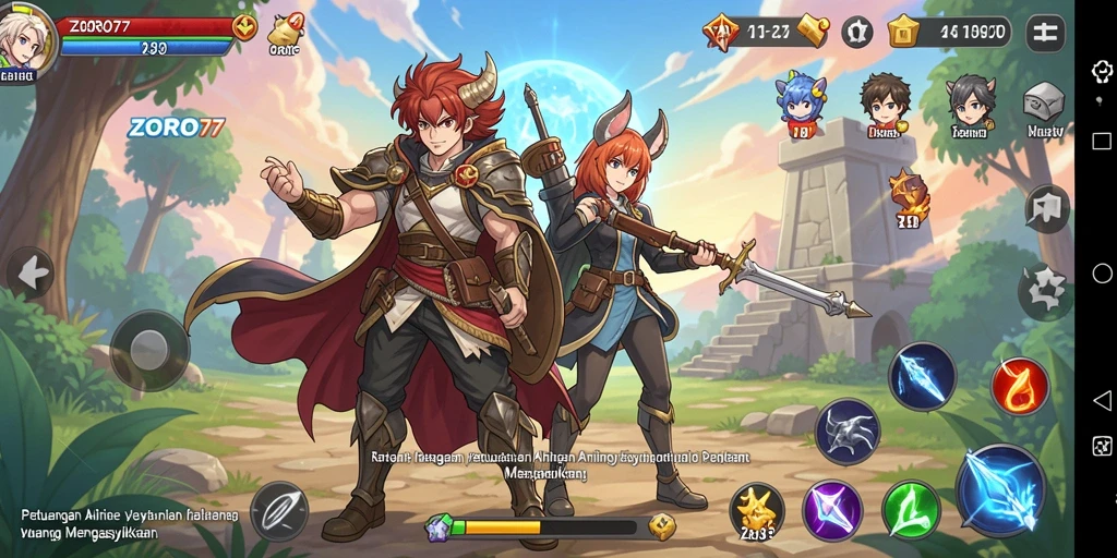 Screenshot gameplay ZORO77 menampilkan pertarungan yang dinamis dan karakter Anime yang menawan.